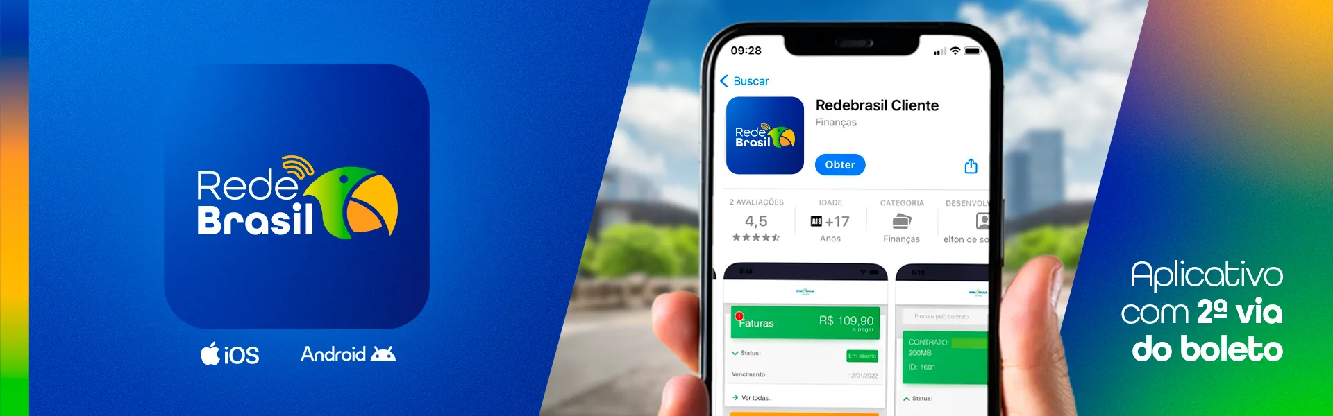 Aplicativo Redebrasil Cliente com 2ª via do boleto, para iOS e Android
