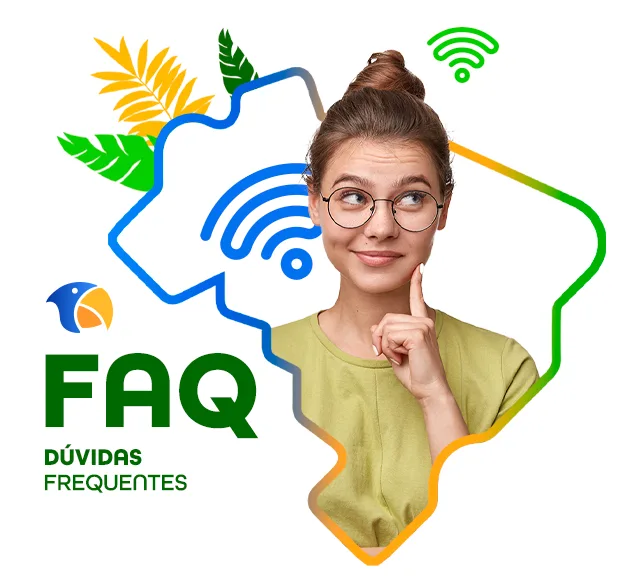 Mulher pensativa em frente ao mapa do Brasil com o símbolo de Wi-Fi, ao lado do texto FAQ, dúvidas frequentes